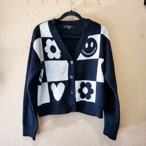 Witty Fox ● Black and White Cardigan‎ W/Buttons ● Hearts-Happy-Flowers ● Size XL
